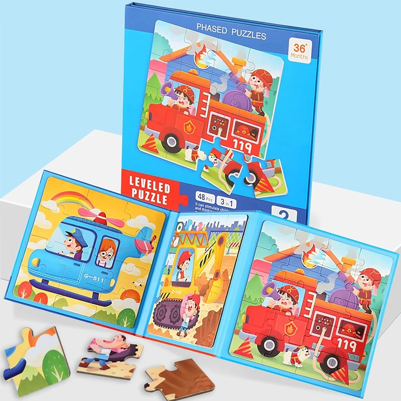 LEVELED PUZZLE - 3 In 1 Phased Magnetic Puzzle , Transportation Vehicles Puzzles 48 PCs Preschool STEM Learning- Suitable for Ages 3 Years & Up (Step 2 A)